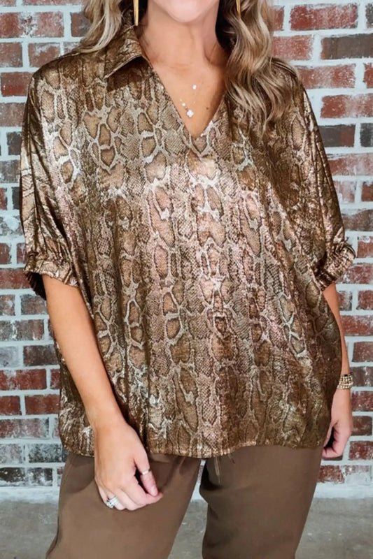 Brown metallic leopard polo collar V-neck blouse — front view | Fashionfitz UK