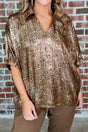 Brown metallic leopard polo collar V-neck blouse — front view | Fashionfitz UK