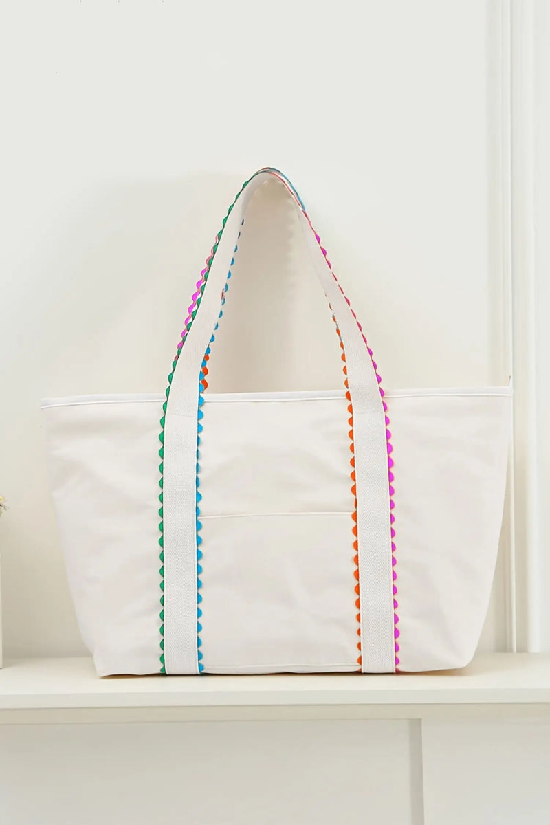 Women's ricrac detail canvas tote bag side view colourful