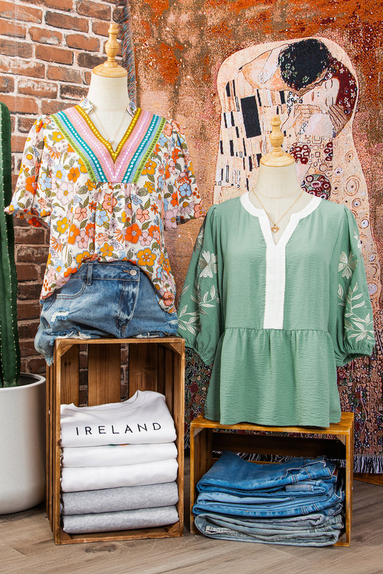 Smoke Green Embroidered Sleeve Tiered Blouse