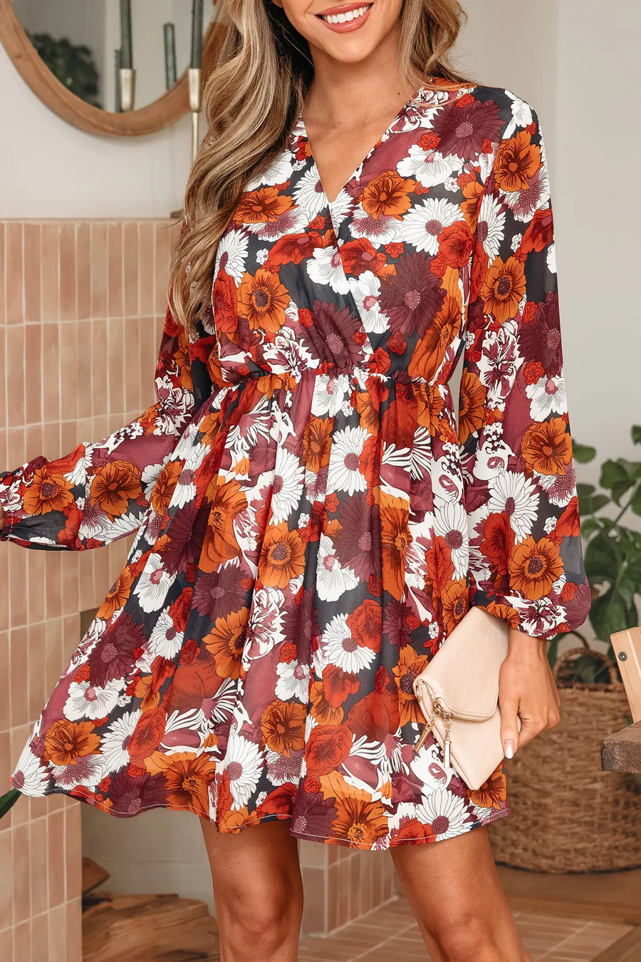 Red Floral Wrap V Neck Puff Sleeve Flowy Mini Dress Women UK — close-up detail
