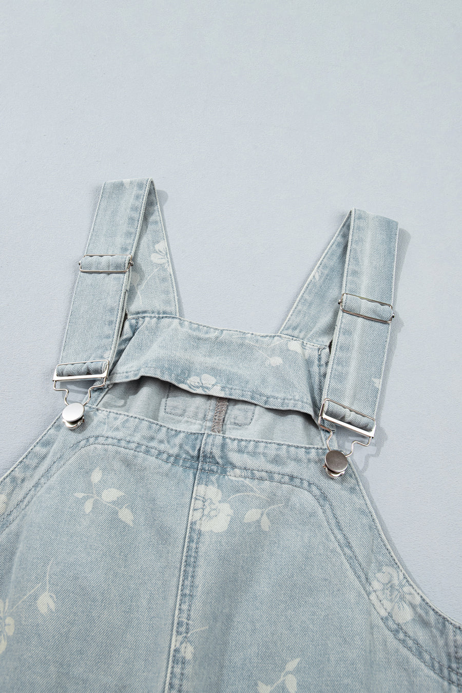 Sky Blue Retro Wash Denim Floral Print Overall Mini Dress Women UK