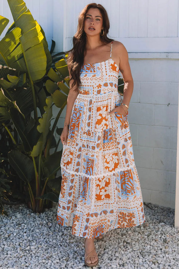 Orange Multi Print Ricrac Spaghetti Strap Maxi Dress Women UK