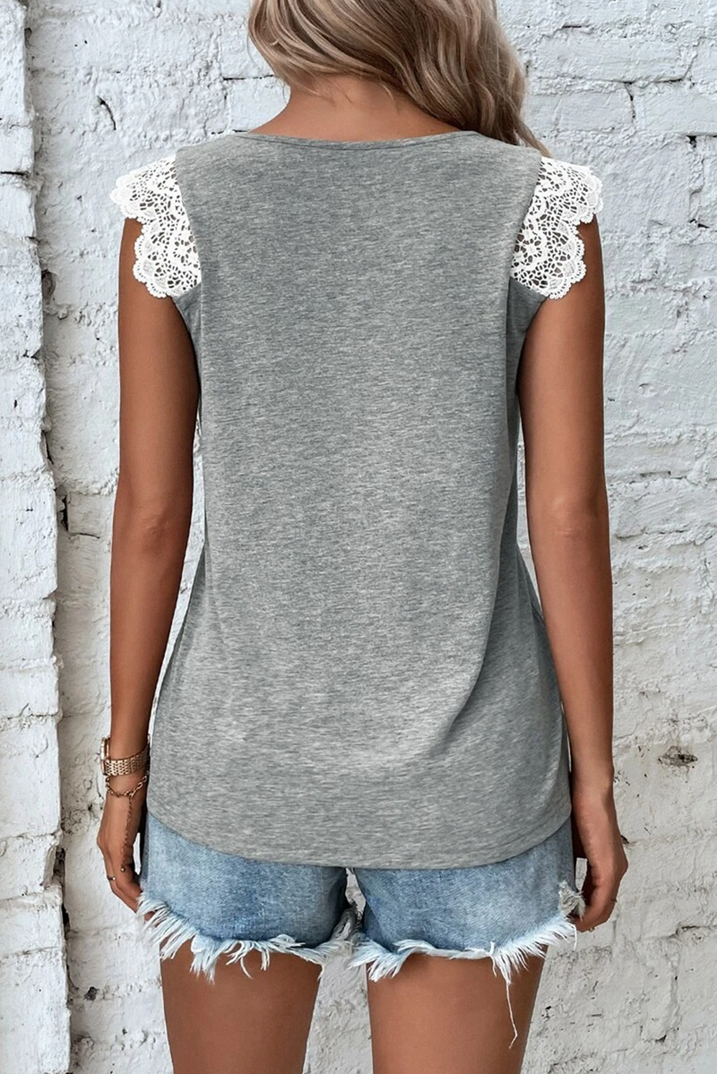 Gray Lace Patchwork Criss Cross V Neck Tank Top Women UK