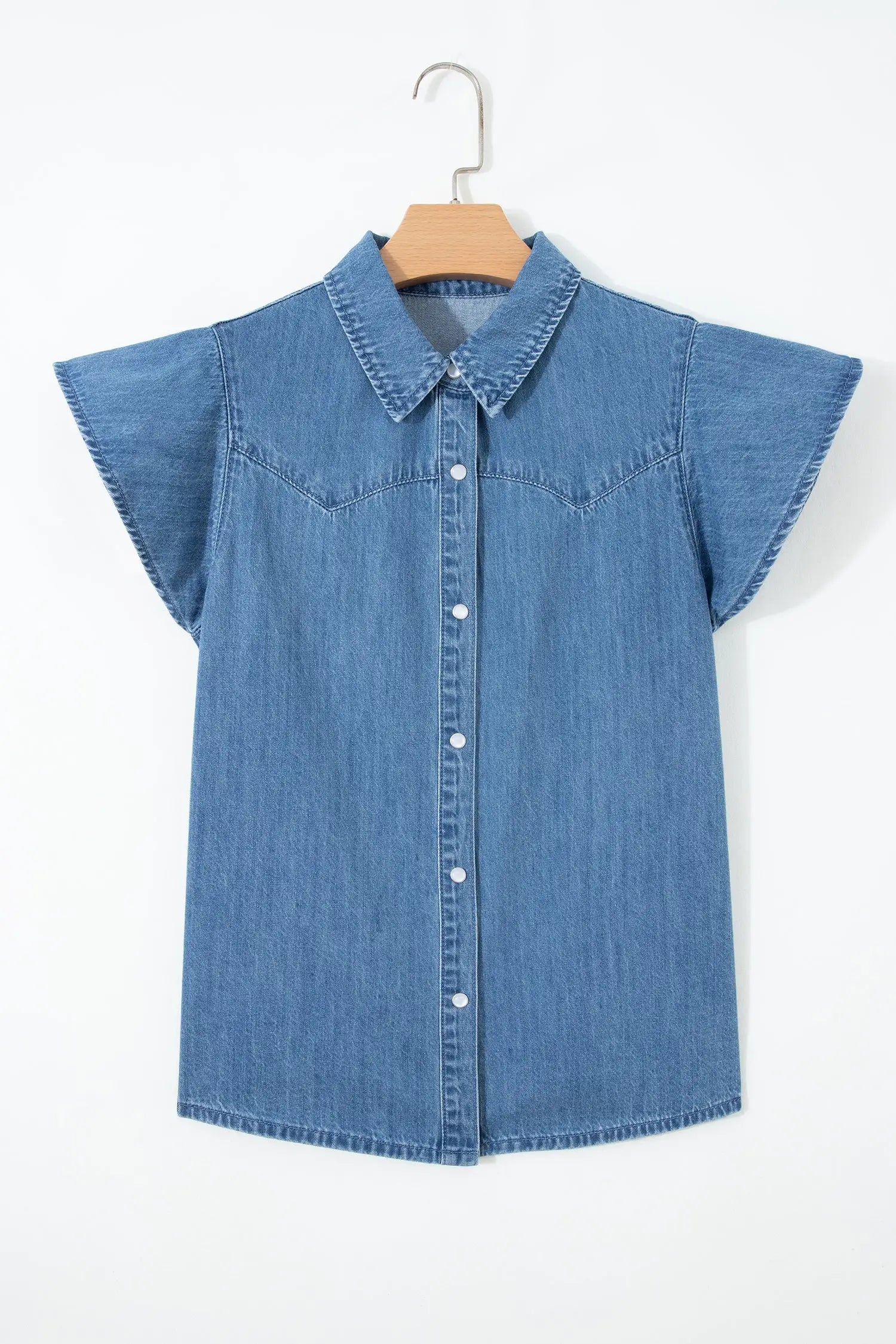 Dusk blue ruffled short sleeve denim shirt button down collar stitched yoke shirts