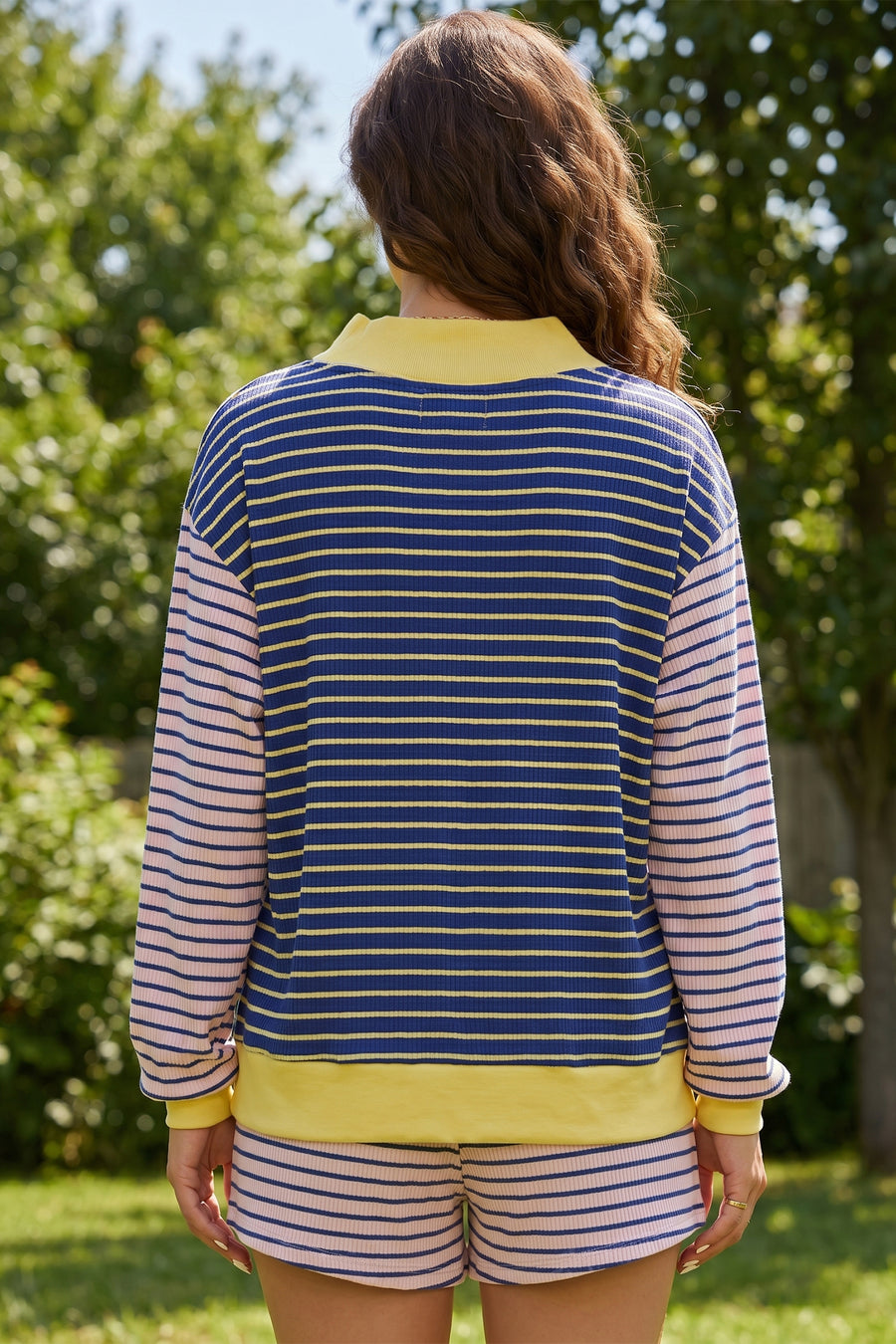 Stripe colour block ribbed knit shorts set — side profile view