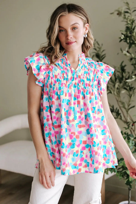 Shirred blouse - ruffled abstract print blouses