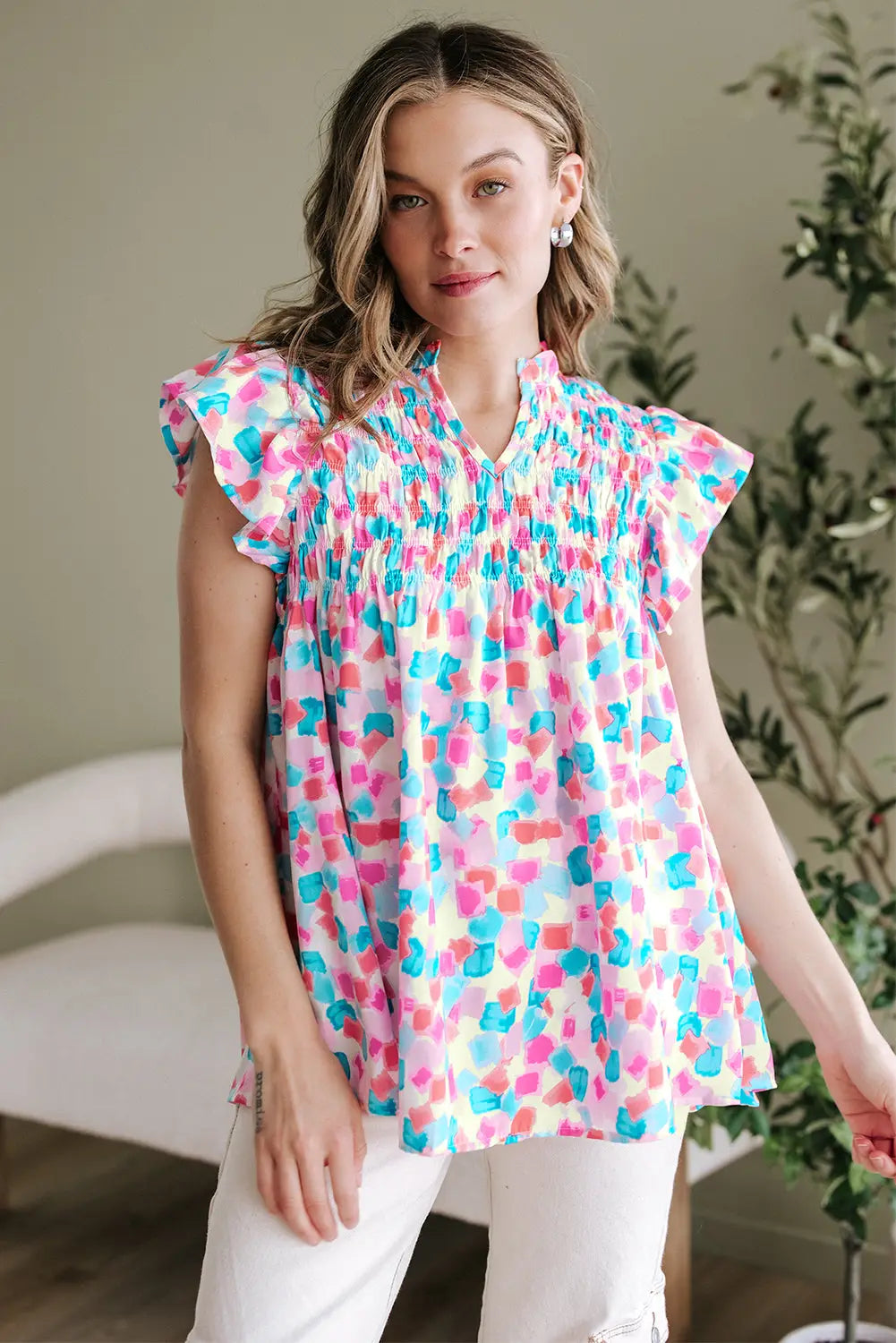 Shirred blouse - ruffled abstract print blouses