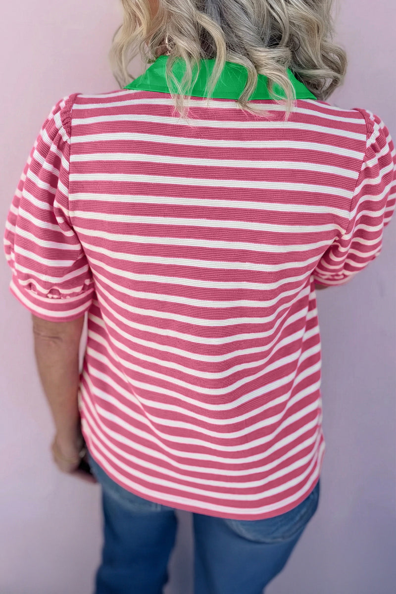 Stripe Puff Sleeve Colour Block Polo Collar Blouse