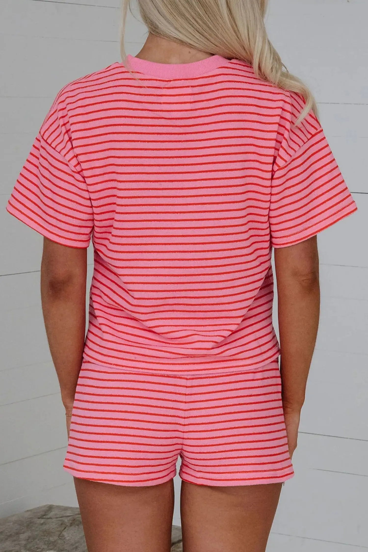 Rose stripe side split knit tee drawstring shorts set