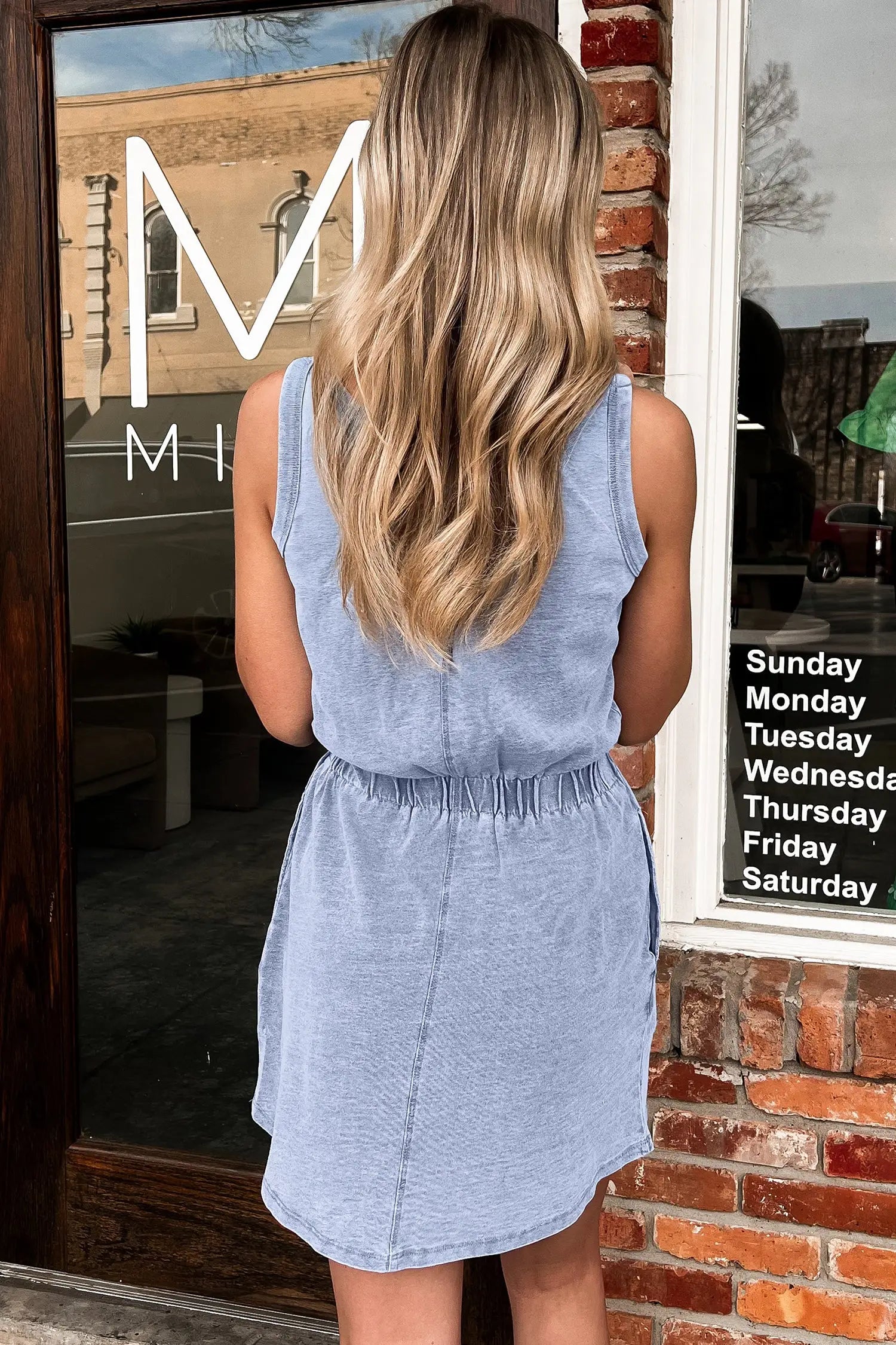 Fashionfitz smoke gray mineral wash mini dress UK S-XL, 100% cotton, elastic waist sleeveless, back view