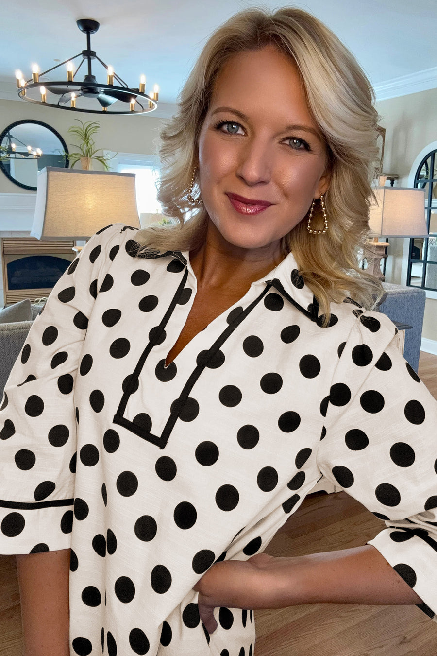 Polka dot collar pocketed mini dress — close-up of sleeve cuff detail