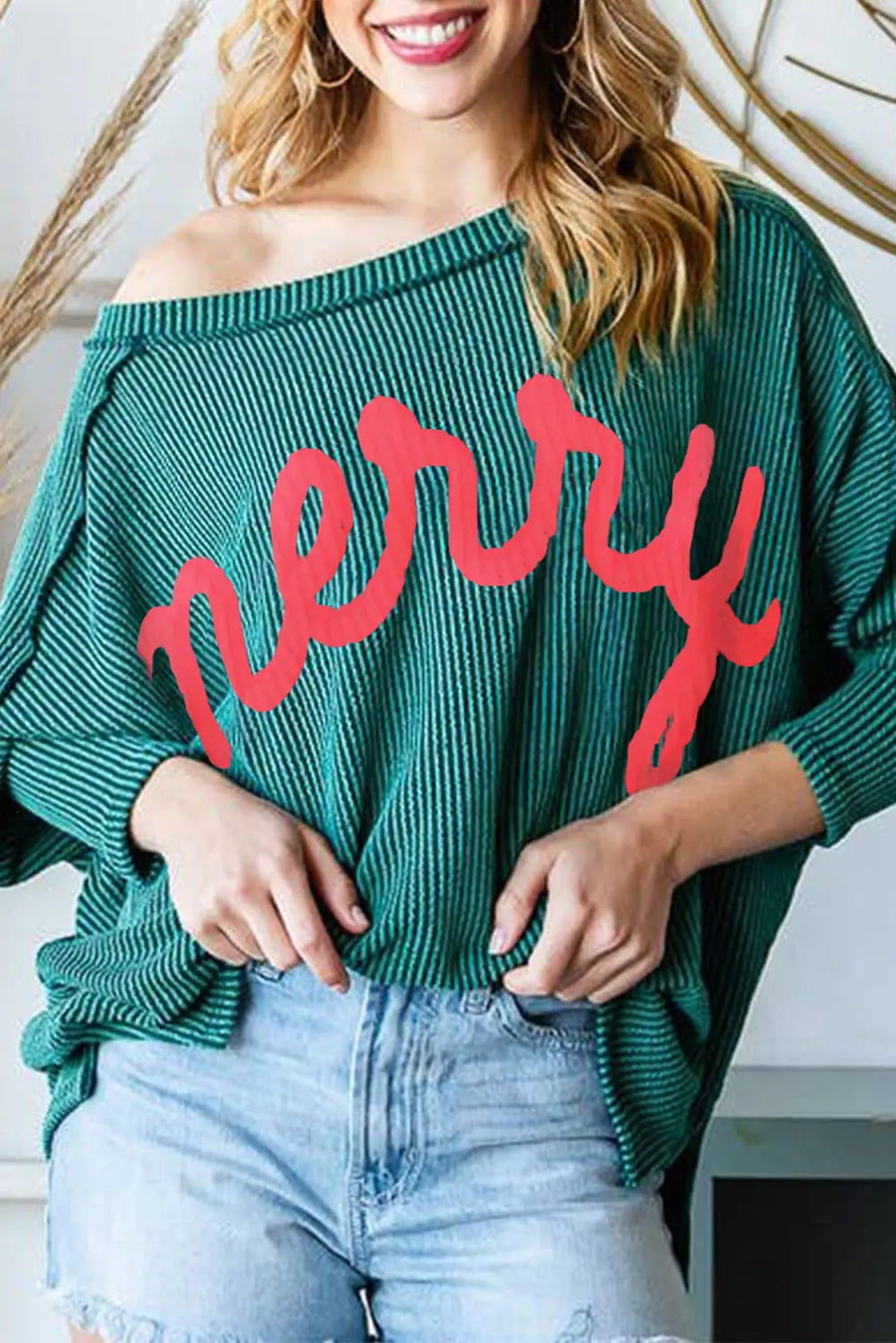 Green Stripe Lucky Clover Embroidered Graphic Dolman Tee Women UK