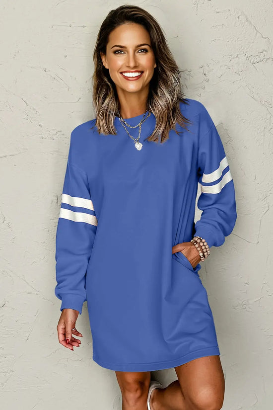 Black varsity contrast banded sleeve sweatshirt dress