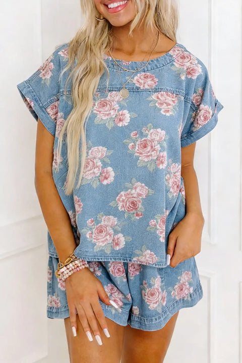 Floral denim short sleeve top and shorts set front view — Fashionfitz UK