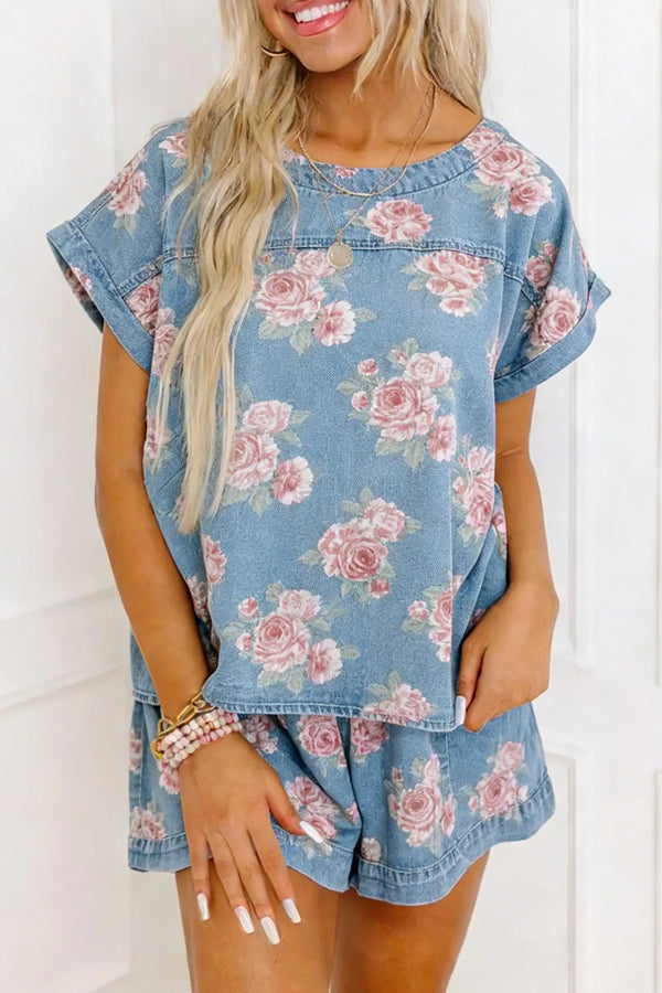 Floral Denim Short Sleeve Top and Shorts Set Women UK — front view | Fashionfitz UK