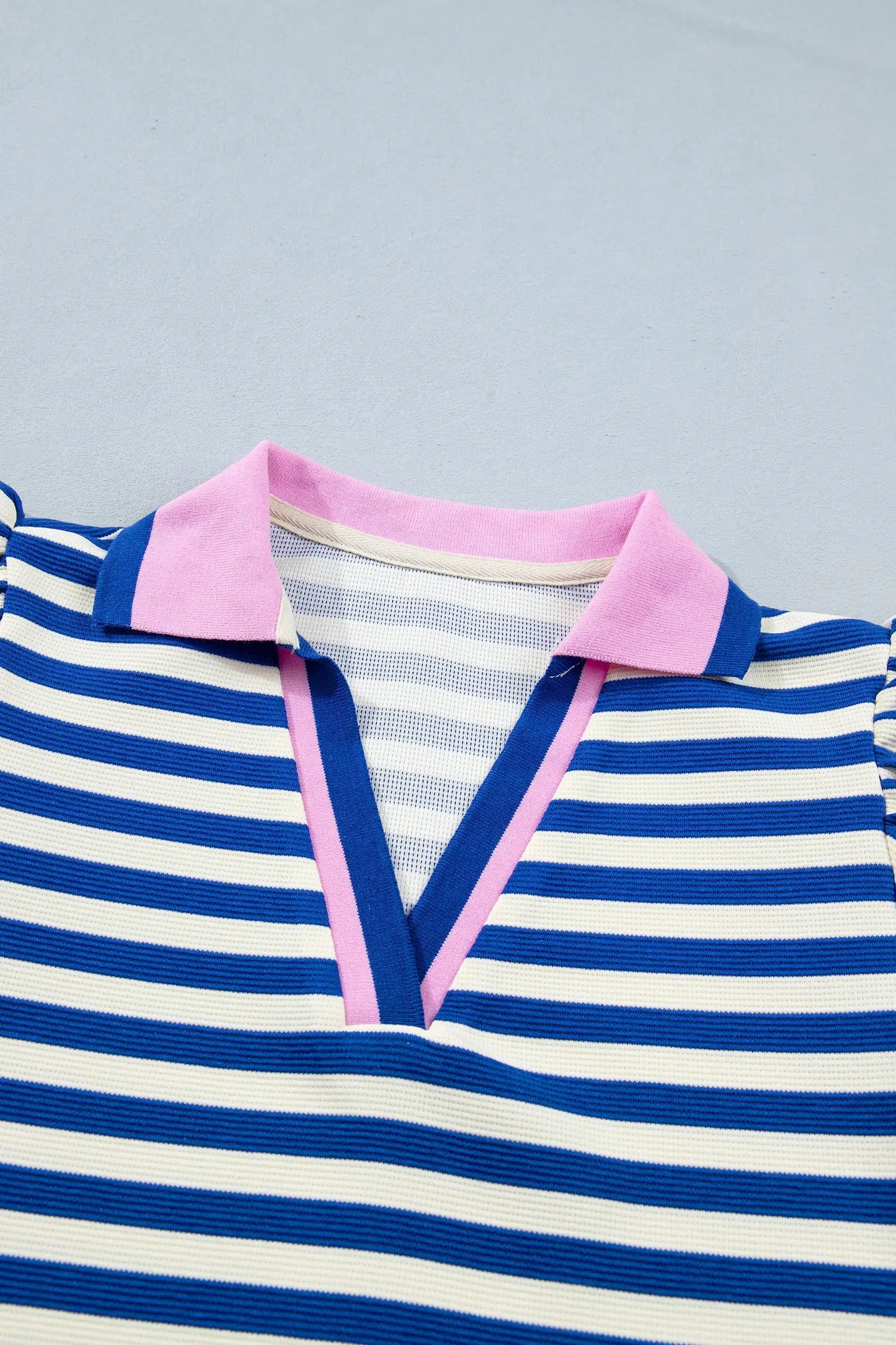 Stripe Contrast Trim Polo Collar Ruffled Short Sleeve Blouse
