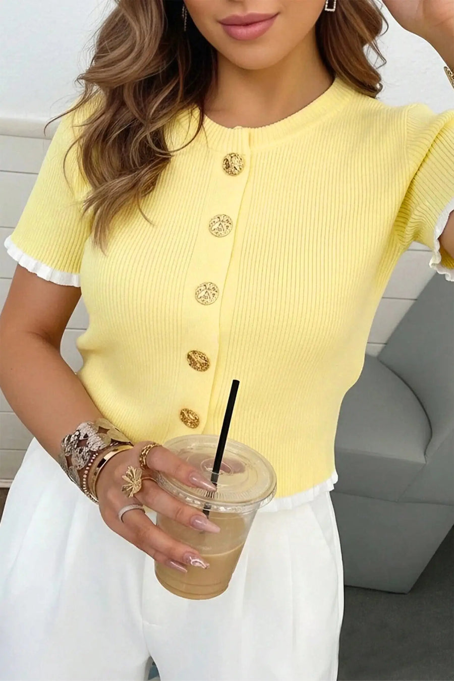 Ribbed Knit Contrast Frilled Short Sleeve Cardigan Women UK — front view | Fashionfitz UK