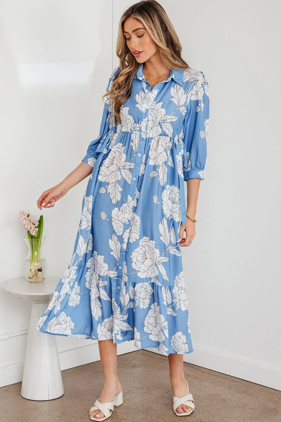Sky Blue Floral Shirt Collar 3/4 Sleeve Long Dress Women UK