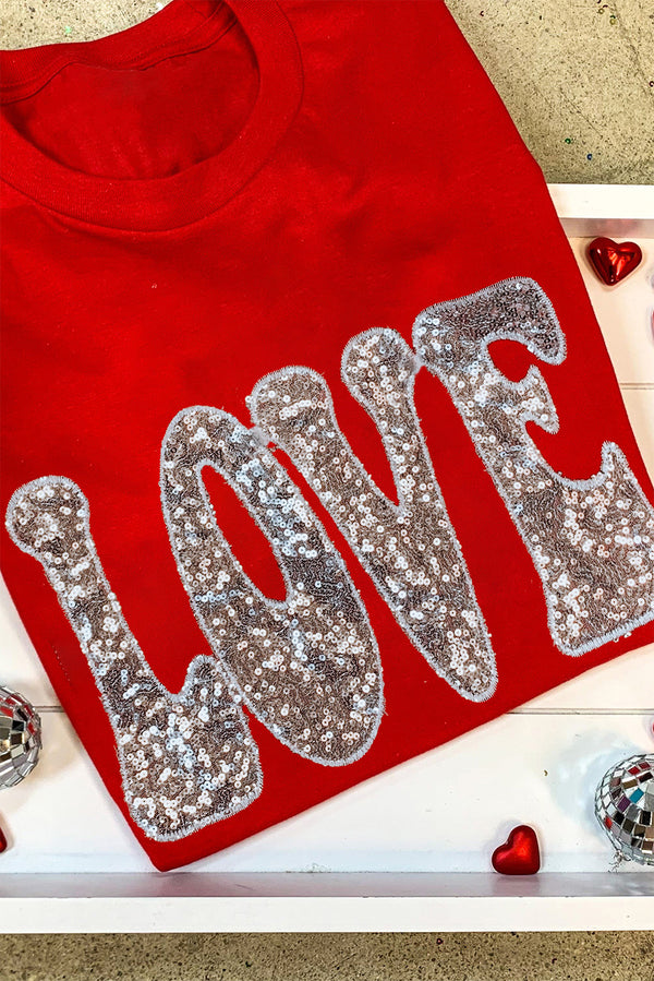 Red Sequined LOVE Letter Valentines T-Shirt Women UK