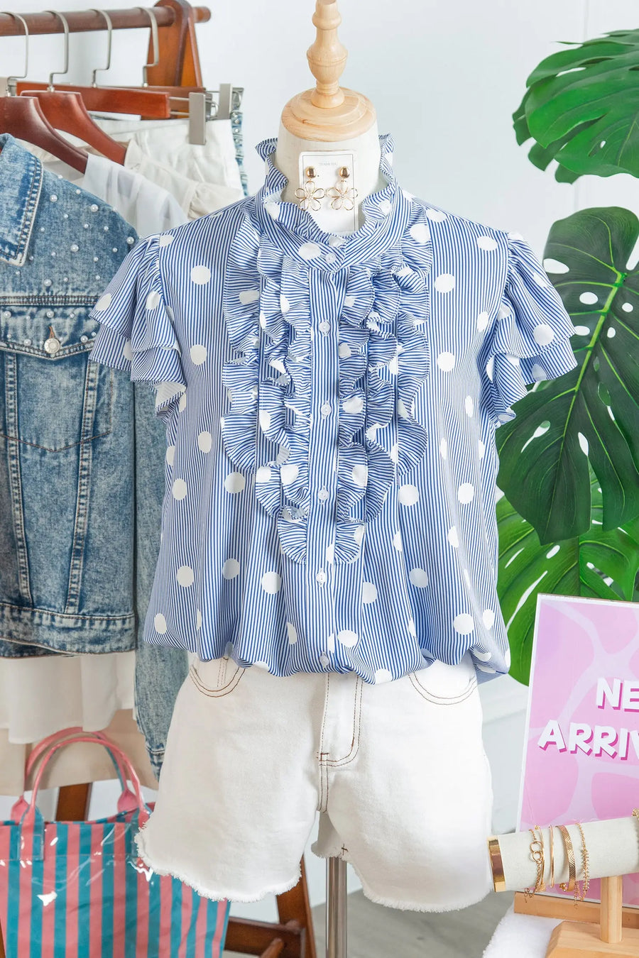 Sky Blue Stripe Contrast Polka Dot Print Pleated Ruffle Sleeve Shirt — close-up detail | Fashionfitz UK