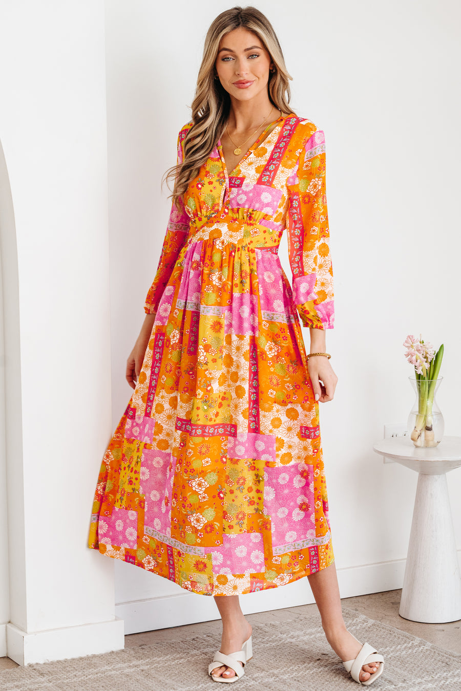Orange Floral Patchwork Bracelet Sleeve Tied Back Maxi Dress Women UK — lifestyle view