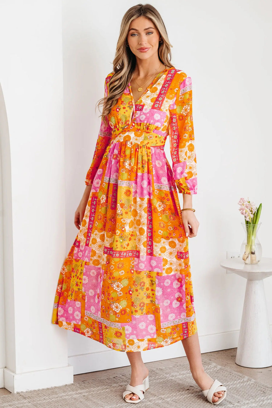 Orange Floral Patchwork Bracelet Sleeve Tied Back Maxi Dress Women UK — lifestyle view