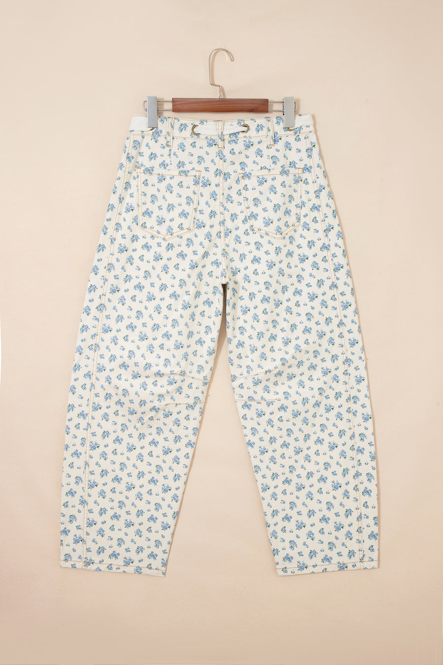 Grommet Knot Waist Floral Barrel Leg Jeans