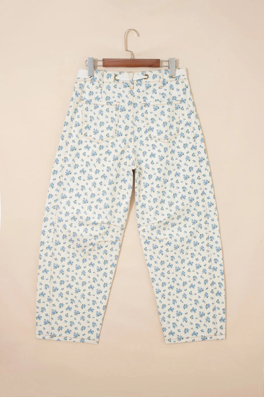 Grommet Knot Waist Floral Barrel Leg Jeans