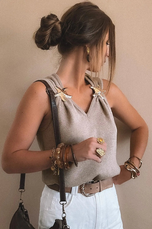 Gray morn metal star detail v neck sweater knit tank top