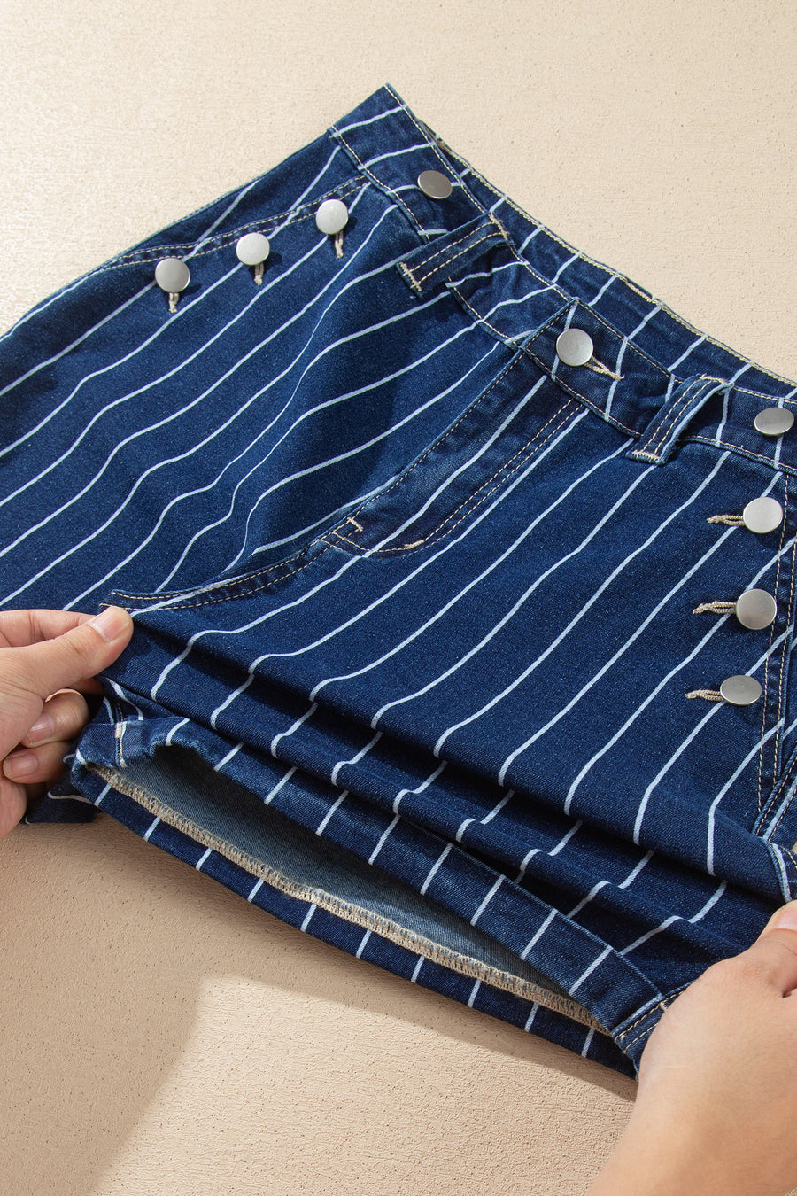 Striped Metal Button High Waist Denim Shorts Women UK