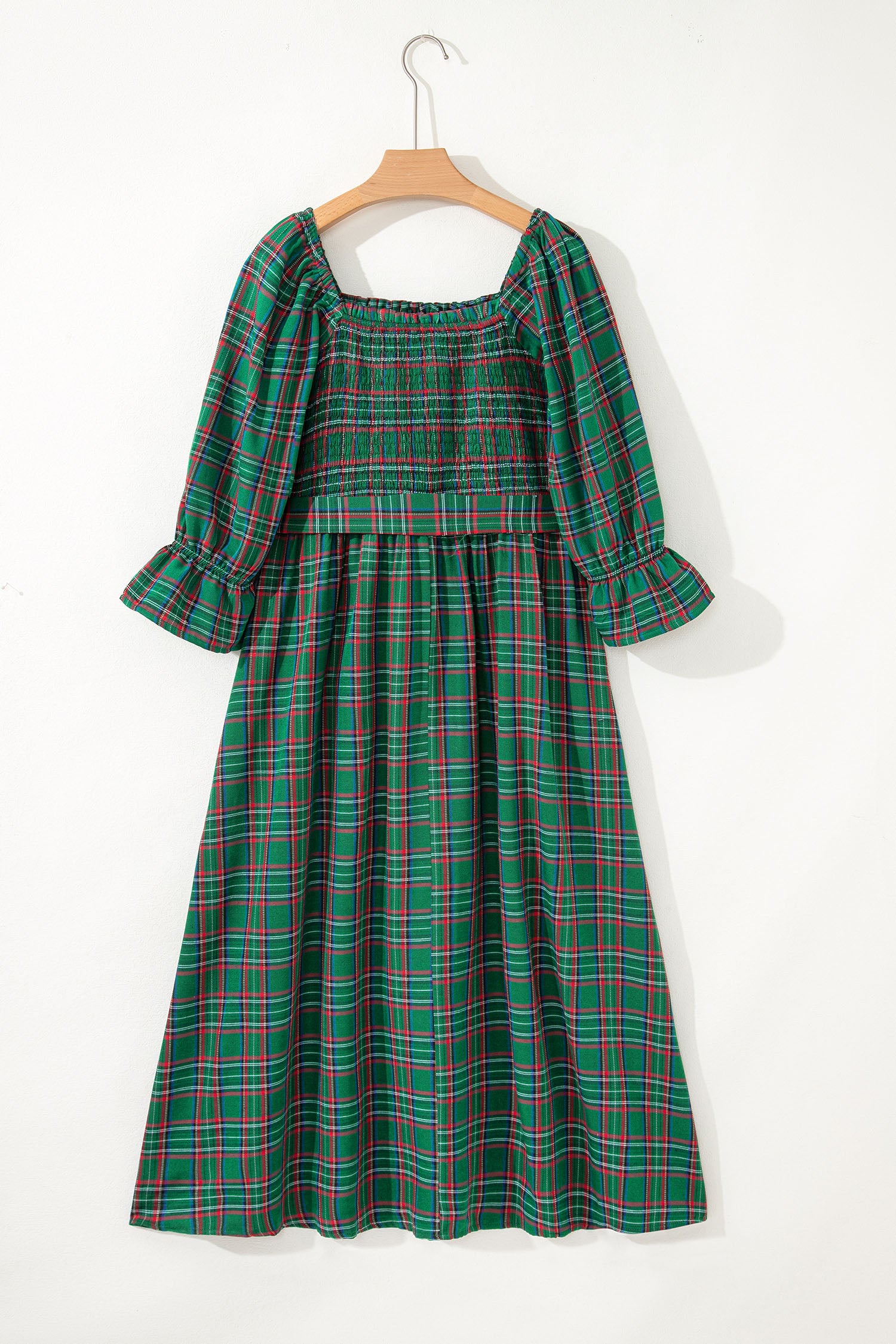 Red Green Tartan Plaid Flared Midi Dress