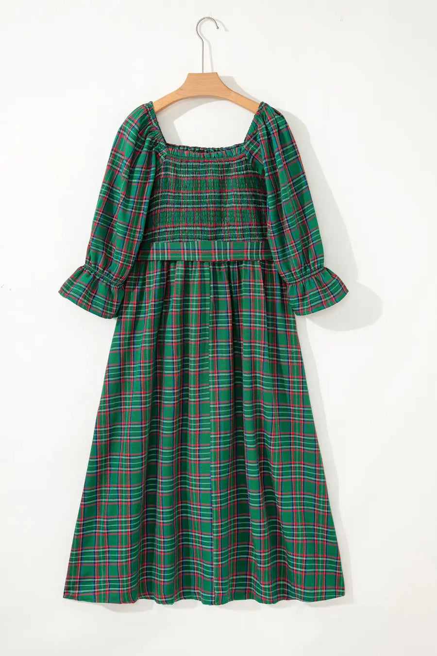 Red green tartan plaid flared midi dress dresses