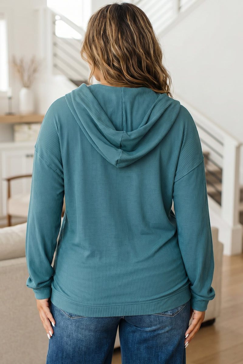 Back view of ribbed drop shoulder long sleeve plus size top