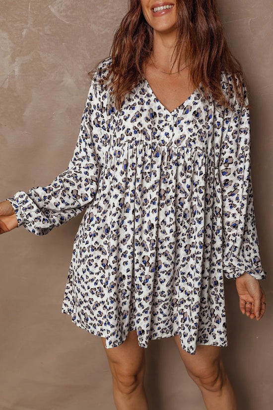 Multicolour leopard print v neck button mini dress