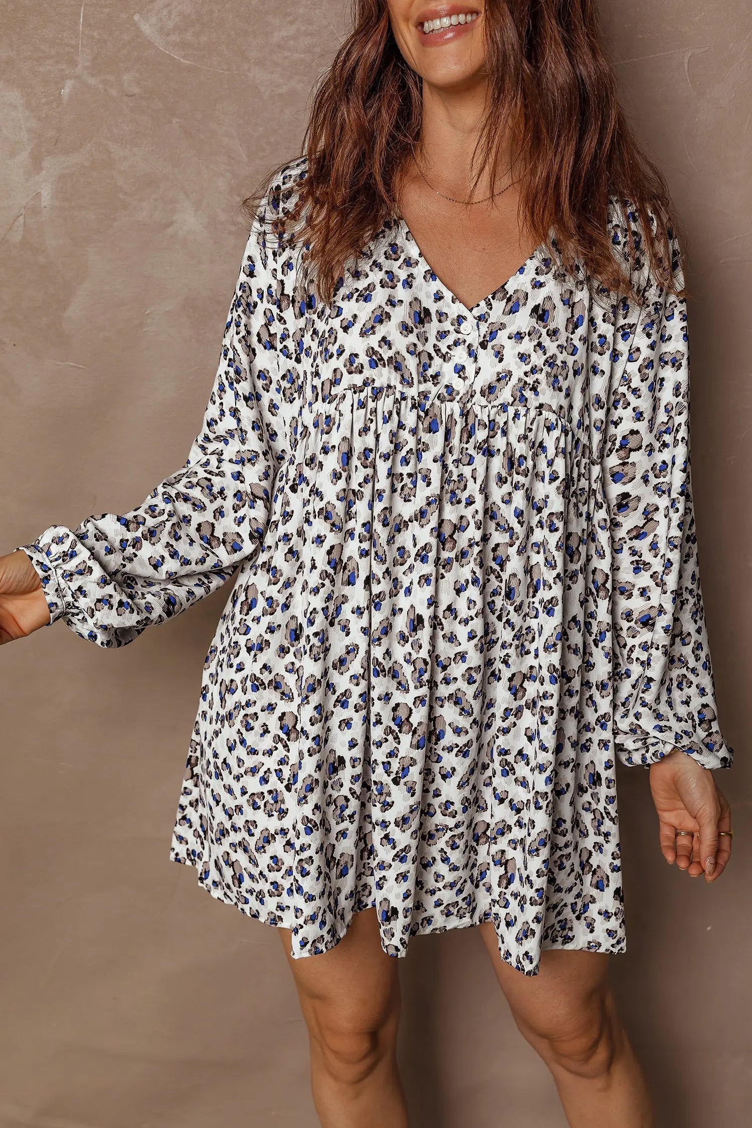 Multicolour leopard print v neck button mini dress