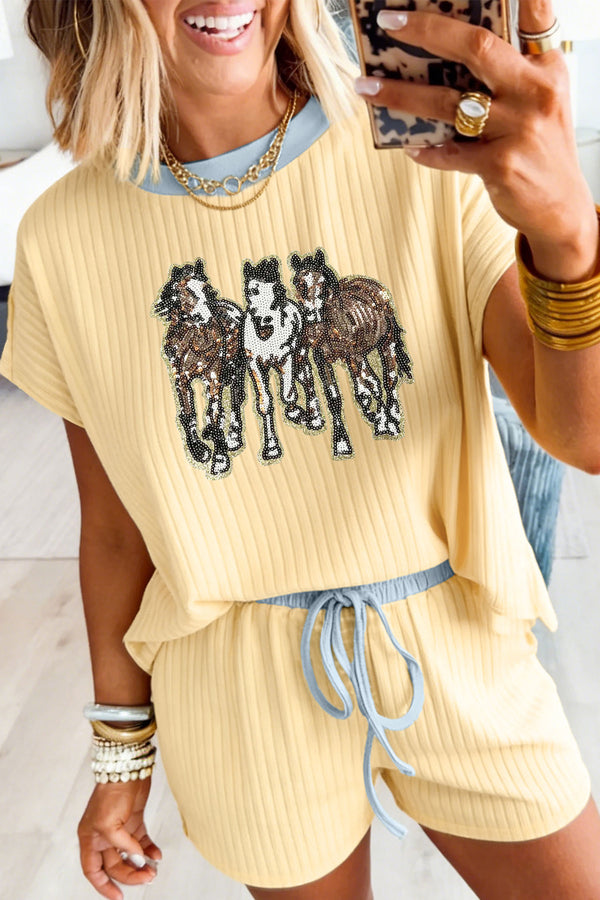 Ribbed Knit Sequin Horse Patch Two Piece Short Set Women UK