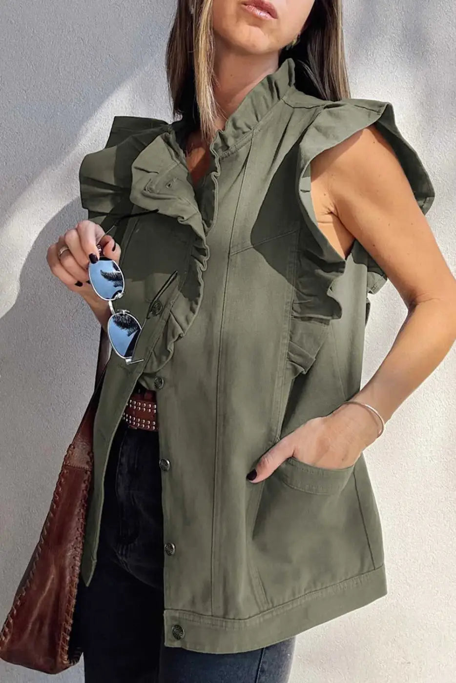 Green Bay Ruffled Denim Vest - Women's Fashion Trends in solid green with front pockets and ruffled shoulders for a bold fall fashion statement.