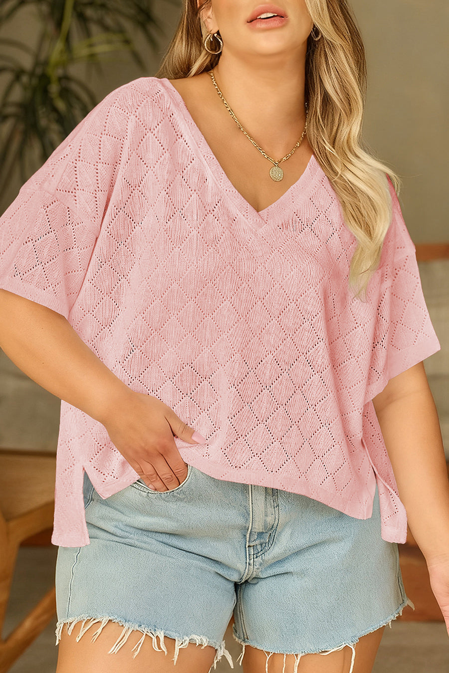 Pointelle Rhombus Knit V Neck Loose Plus Size Top Women UK