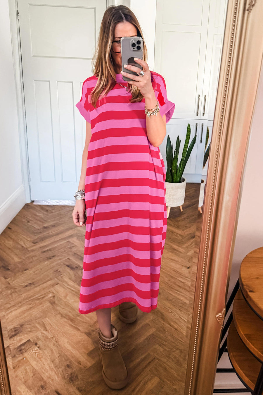 Stripe Cuffed Short Sleeve Pocketed Maxi Dress