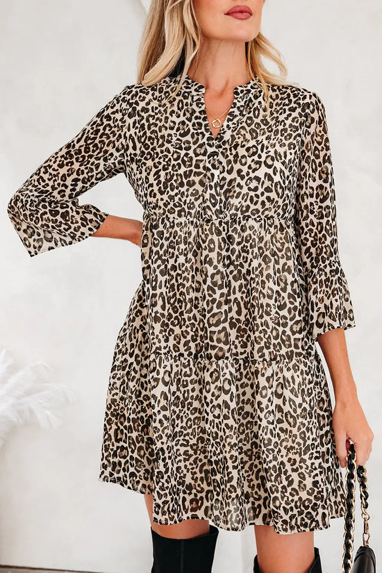 Khaki leopard v neck 3/4 sleeve mini swing dress