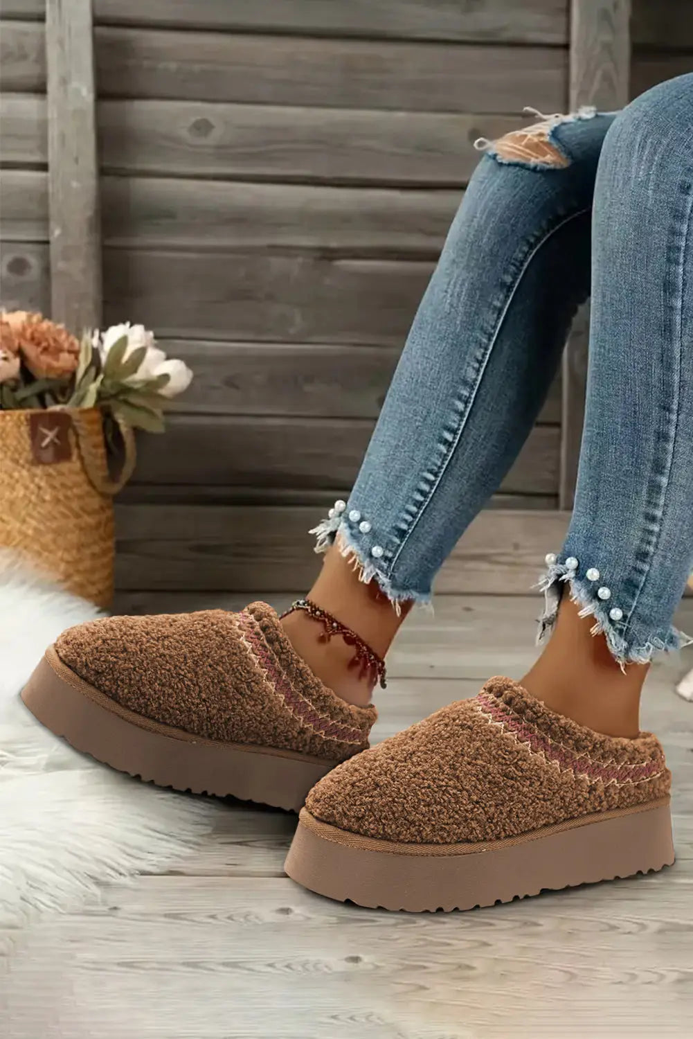 Embroidered sherpa plush winter slippers