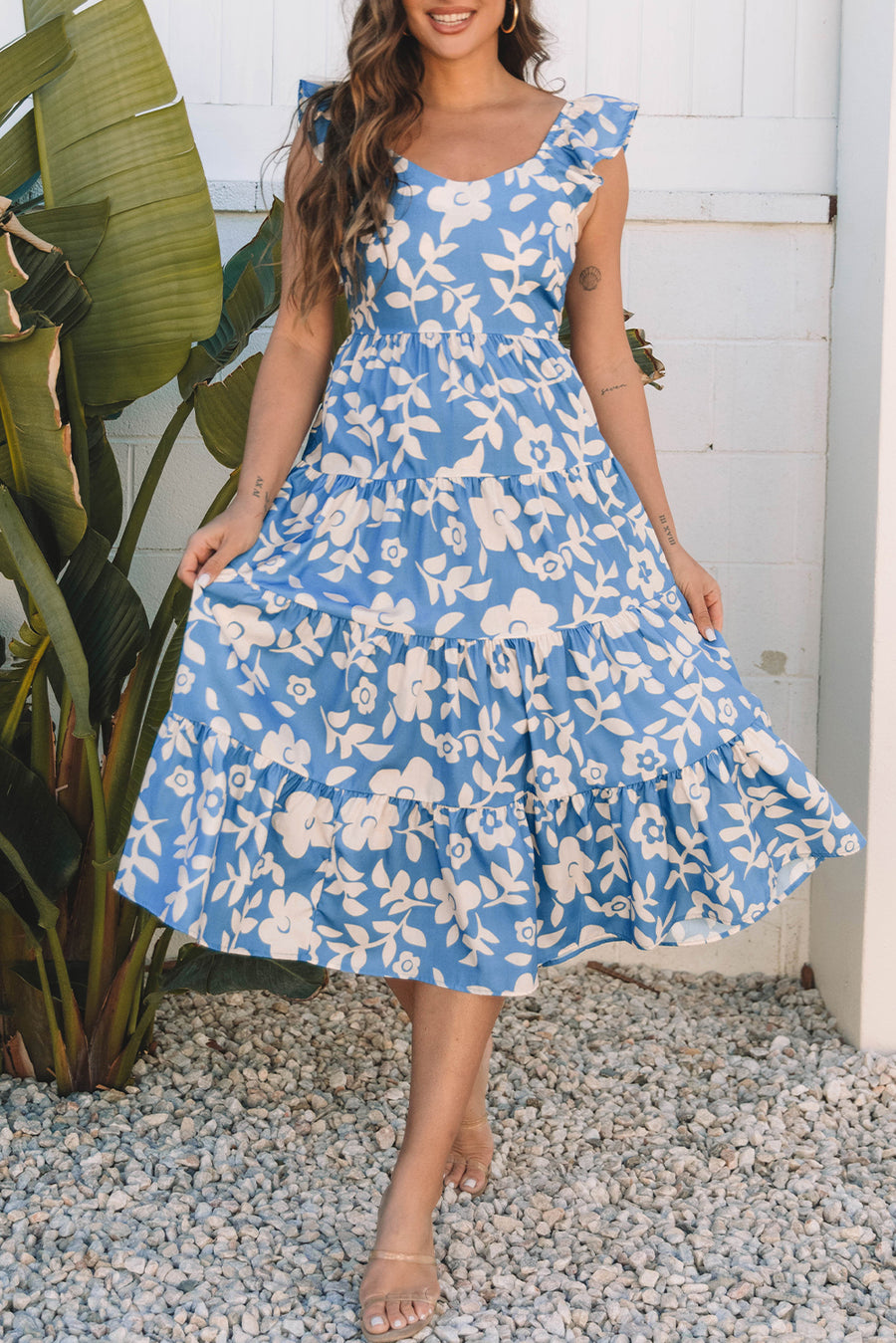 Sky Blue Floral U Neck Flutter Shoulder Tiered Flowy Midi Dress