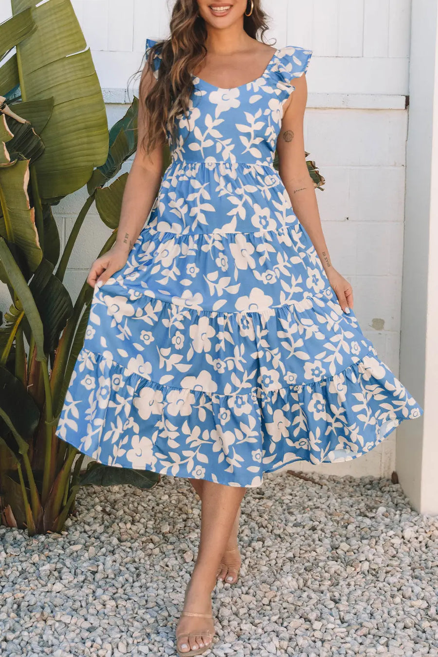 Sky Blue Floral Flutter Shoulder Tiered Midi Dress Women UK
