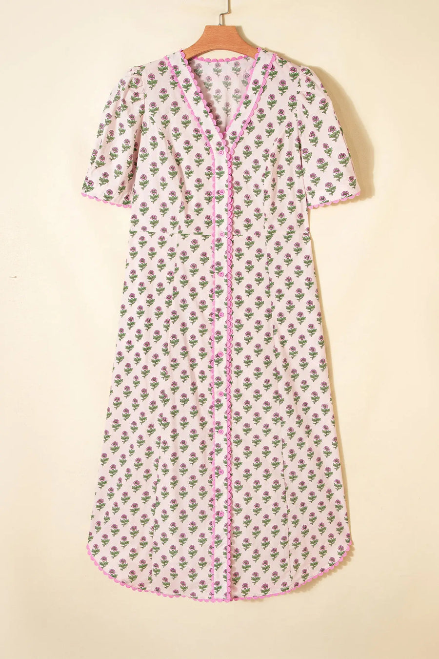 Pink Floral Scallop Trim V Neck Button Front Maxi Dress Women UK — full length
