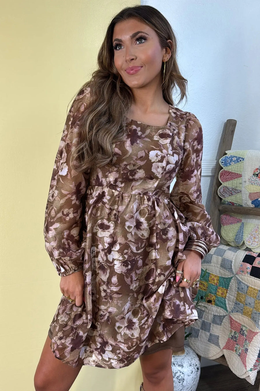 Brown Abstract Floral Square Neck Long Sleeve Mini Dress Women UK