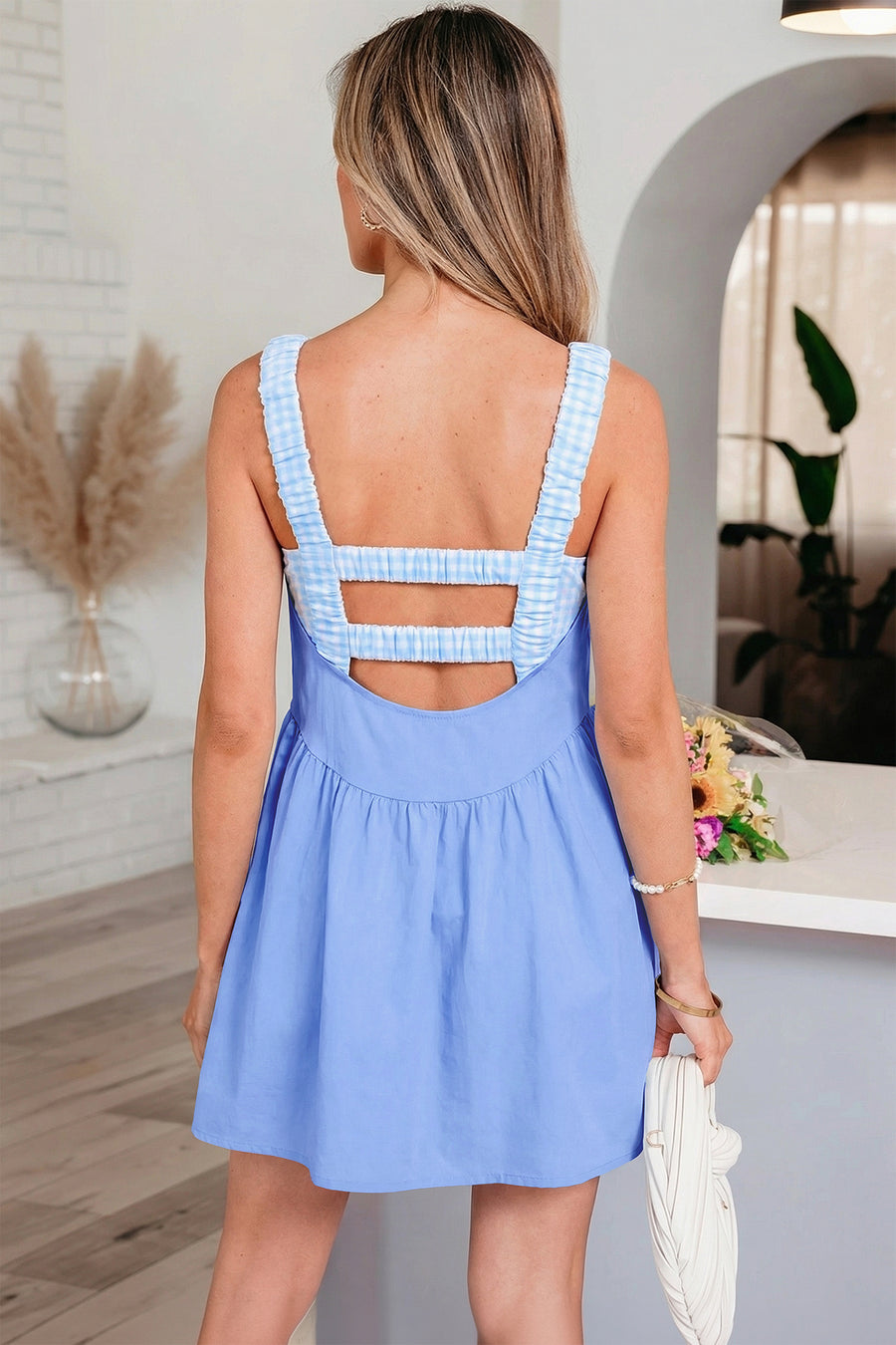 Gingham Patchwork Faux Two Piece Loose Mini Dress Women UK