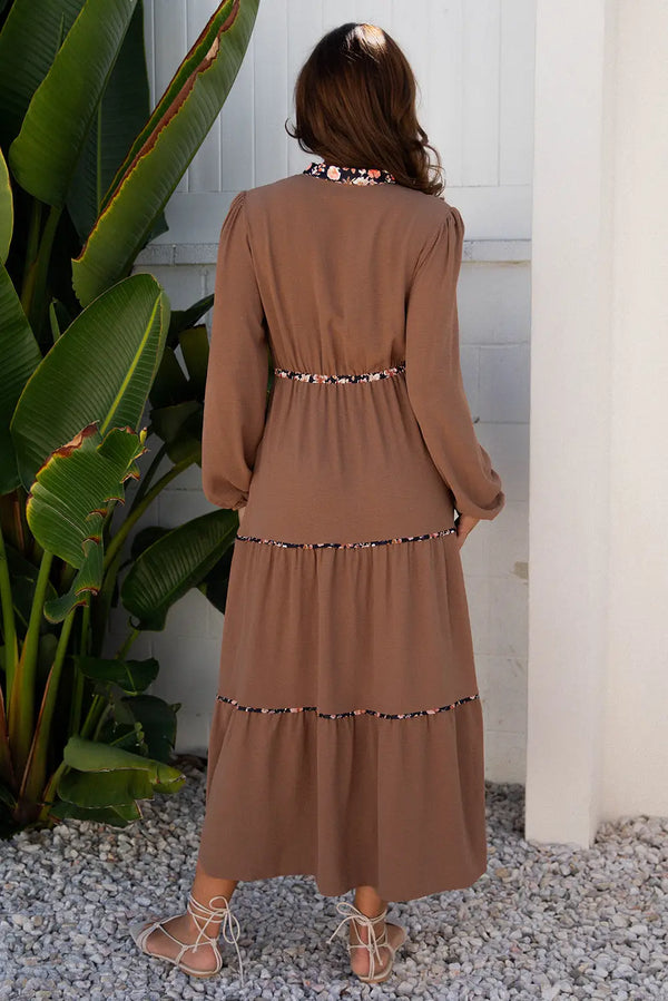 Chestnut Floral Patchwork Notched Neck Long Sleeve Maxi Dress Women UK — back view