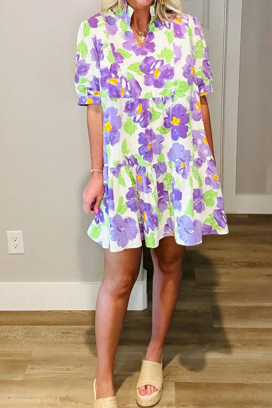 Purple Floral V Neck Short Sleeve Tiered Ruffle Mini Dress Women UK