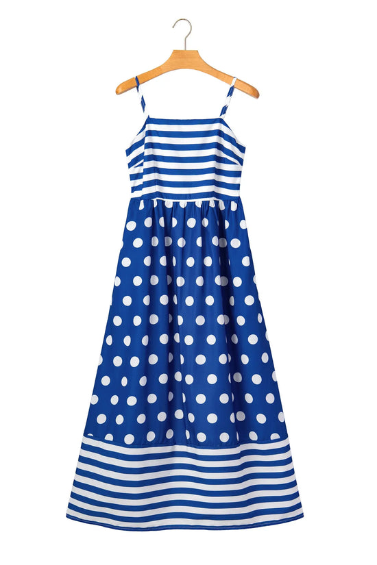 Blue striped polka dot patchwork high waist spaghetti strap maxi dress dresses